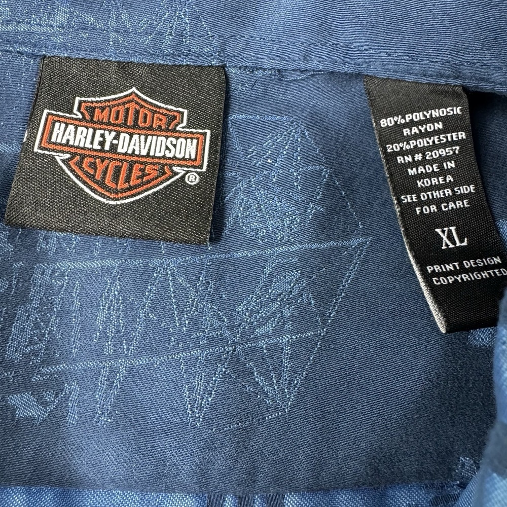 Harley Davidson Blue Skull Tori Richard Spellout Hawaiian Men's S/S Shirt XL - Picture 4 of 6
